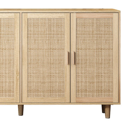 62.2 Inch Natural Rattan Four-Door Storage Cabinet Particle Board Solid Wood Leg Adjustable Shelf Household Sideboard Cabinet