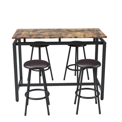 5-Piece Rustic Brown Farmhouse Dining Set, MDF & Iron Frame Counter Height Table with 4 Backless Stools
