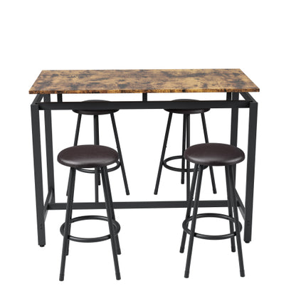 5-Piece Rustic Brown Farmhouse Dining Set, MDF & Iron Frame Counter Height Table with 4 Backless Stools