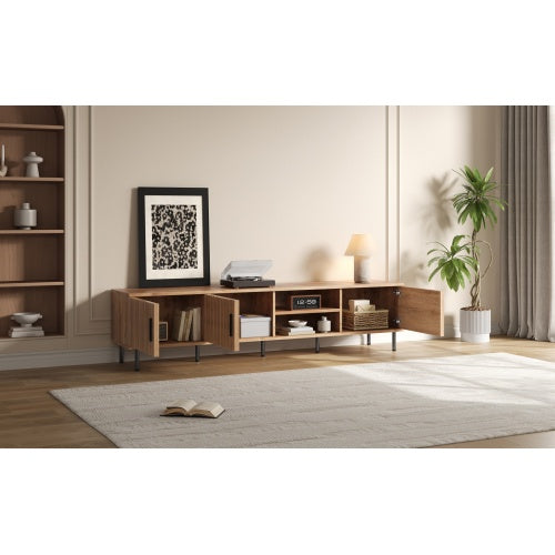 78.7 inch Natural Wood Vertical Groove TV Stand Heavy Iron Leg Entertainment Center For 85 inch TV