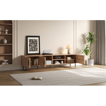 78.7 inch Natural Wood Vertical Groove TV Stand Heavy Iron Leg Entertainment Center For 85 inch TV