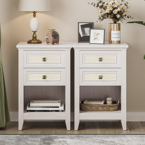 Set of 2 Rattan Nightstands with Drawer, 27-Inch Tall Boho Bedside Table with Storage Shelf