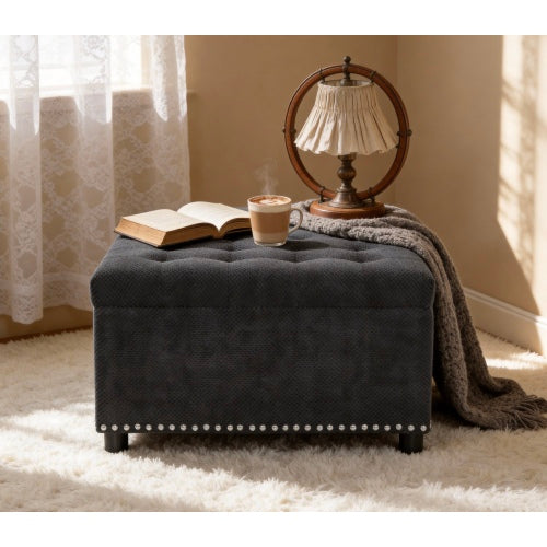 Black Tufted Square Storage Ottoman with Nailhead Trim, Multi-Functional Upholstered Footstool for Living Room & Bedroom
