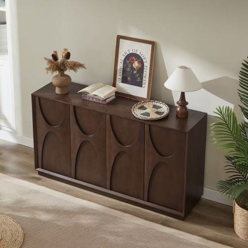4 Door Accent Cabinet with Carved Wood Doors Adjustable Shelves and Cable Management