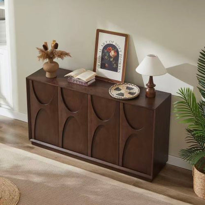 4 Door Accent Cabinet with Carved Wood Doors Adjustable Shelves and Cable Management