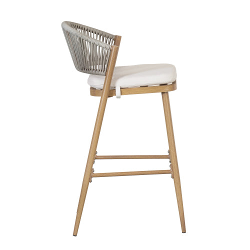 Outdoor 30.25" Seat Height Aluminum Frame Barstools with PE Rattan Scallop-shaped Backrest, Set of 2, Maple Finish