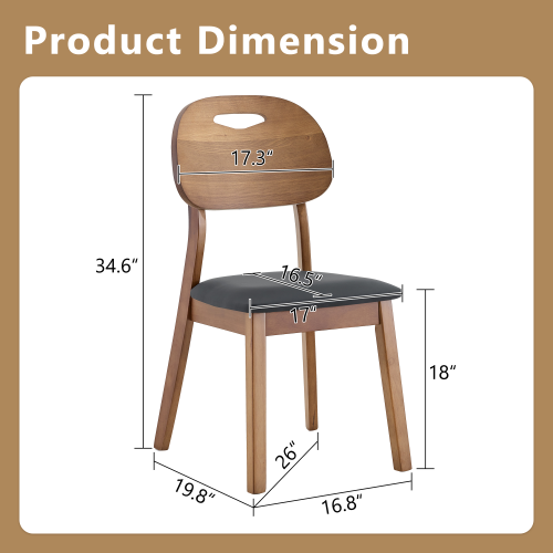 Set of 2 Walnut Solid Wood Dining Chairs, Hollow Back Chairs with Black PU Seat Cushion
