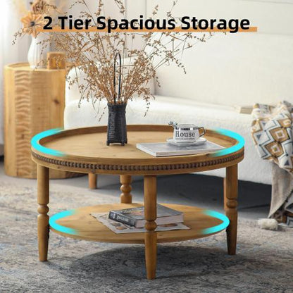 31.3inch  Round Boho 2-Tier Coffee Table, Beaded Trim & Curved Solid Wood Legs, Rustic Accent Table