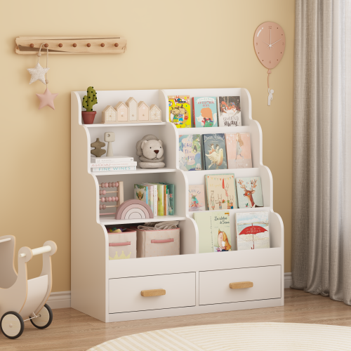 Kids Bookshelf with Drawers Front-Facing Toy Organizer White