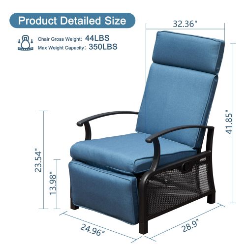 Adjustable Patio Recliner Chair Metal Outdoor Lounge Chair with Flip Table Push Back, Adjustable Angle, Removable Cushions, Support 350lbs, Navy Blue