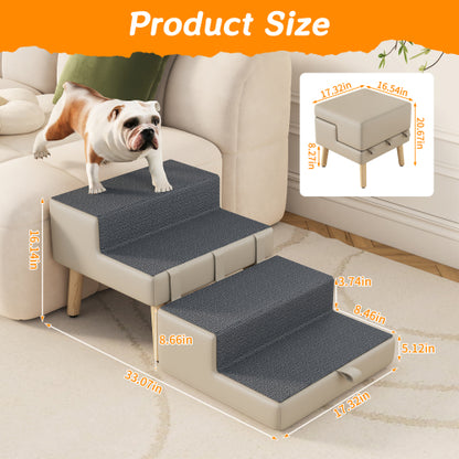 Light Grey 2-in-1 Foldable Wooden Pet Ottoman Dog Stairs, Anti-Slip Pet Ramp for Puppies & Small Dogs