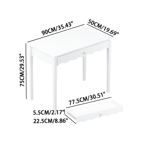 White 35.43inch  Vanity Desk with Drawer ¨C Modern Makeup Table with Scalloped Front & Gold Knob, Compact Writing Desk with 4 Sturdy Legs for Bedroom, Small Home Office & Apartment Spaces
