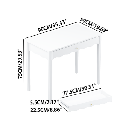 White 35.43inch  Vanity Desk with Drawer ¨C Modern Makeup Table with Scalloped Front & Gold Knob, Compact Writing Desk with 4 Sturdy Legs for Bedroom, Small Home Office & Apartment Spaces