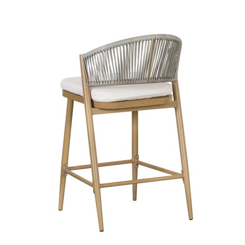 Outdoor 26" Seat Height Aluminum Frame Counter Stools with PE Rattan Scallop-shaped Backrest, Set of 2, Maple Finish