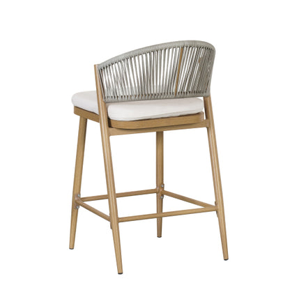 Outdoor 26" Seat Height Aluminum Frame Counter Stools with PE Rattan Scallop-shaped Backrest, Set of 2, Maple Finish