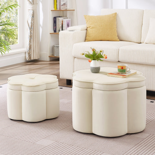 Set of 2 Flower Shape Velvet Storage Ottomans with Nesting Design