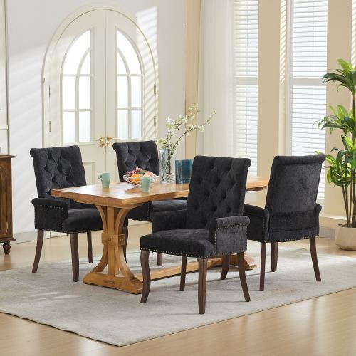 Upholstered Chenille Arm Dining Chair, Tufted Accent Chair with Curved Solid Wood Legs, Black, Single Pack