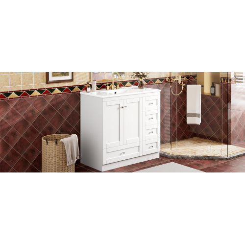 36 inch Shaker Style Free-Standing Bathroom Vanity Cabinet with Ceramic Sink, 4 Soft-close Drawers and 2 Soft-close doors