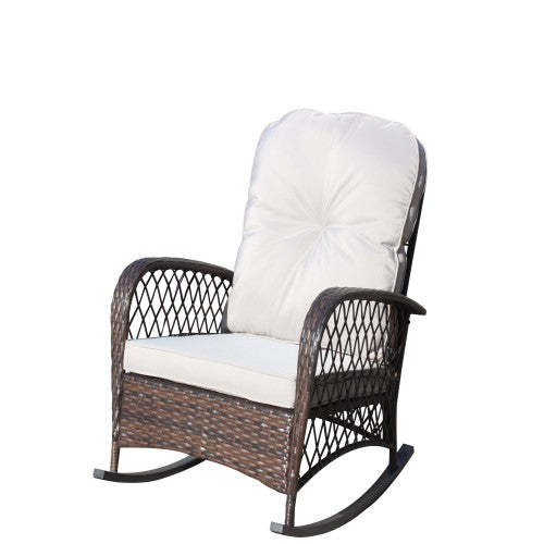 Outdoor Wicker Rocking Chair with Wide Seat, Thick, Soft Cushion, Rattan Rocker w/Steel Frame, High Weight Capacity for Patio, Garden, Backyard, Grey Cushion