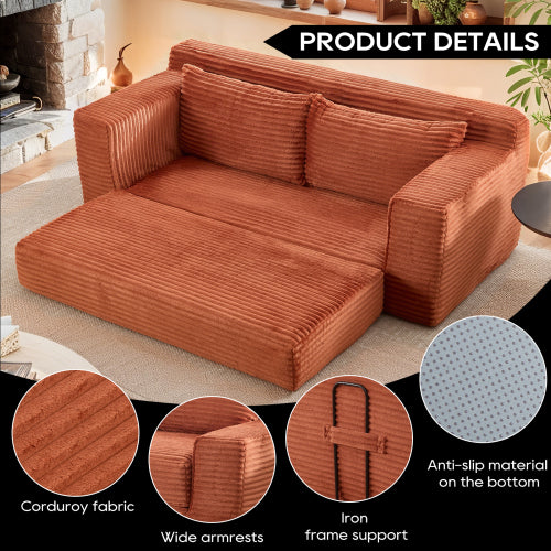 Orange Memory-Foam Convertible Compression Loveseat Sofa-Bed Corduroy No-Assembly Couch for Small Apartment
