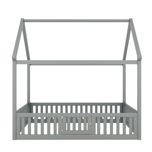 Full Size Wood House Bed with Fence and Door, Gray