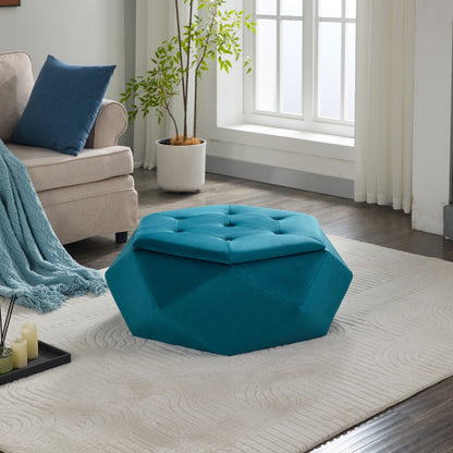 Blue Velvet Polygon Diamond Tufted Storage Ottoman, 34 inchL Lift Top Footrest with Hidden Storage Space