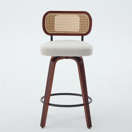 Set of 3, 26-Inch Counter Height Bar Stools - Walnut Black, Cane Rattan Back, Beige Linen Upholstered Seat, Swivel Design for Kitchen Island/Bar/Counter