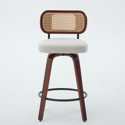Set of 3, 26-Inch Counter Height Bar Stools - Walnut Black, Cane Rattan Back, Beige Linen Upholstered Seat, Swivel Design for Kitchen Island/Bar/Counter