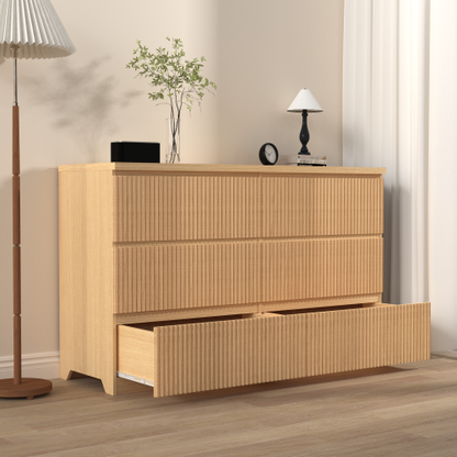 Modern Natural Wood 6 Drawer Dresser, Wave Panel Drawer Fronts, Storage Cabinet, Versatile Chest of Drawers for Bedroom, Living Room - Sleek & Spacious Home Storage Solution