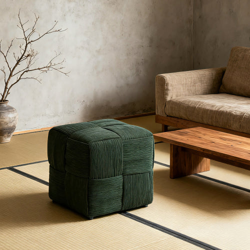 Green Square Corduroy Ottoman Footrest, 300 LBS Sturdy Wood Frame No-Assembly Multiuse Sofa Stool
