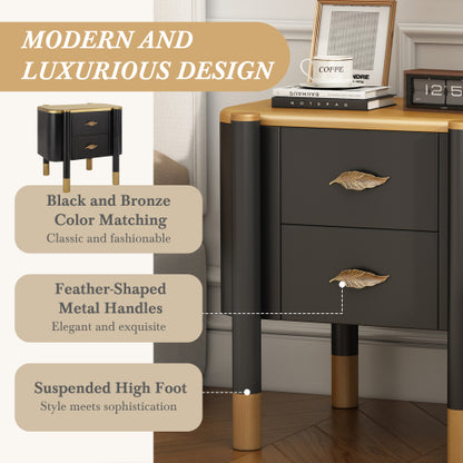 Black Curved Nightstand, 2-Drawer Bedside Table with Feather-Shaped Metal Handles & Tall Legs