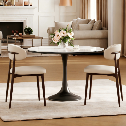 Set of 2 Metal Dining Chairs with Upholstered Seat, Woodgrain Frame, Beige Kitchen Chairs