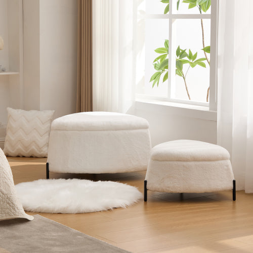 29.9 Inch Ivory 2-Piece Faux Fur Storage Ottoman Set, Nesting Footstool with Reversible Lid & Metal Legs, 275 LBS Capacity