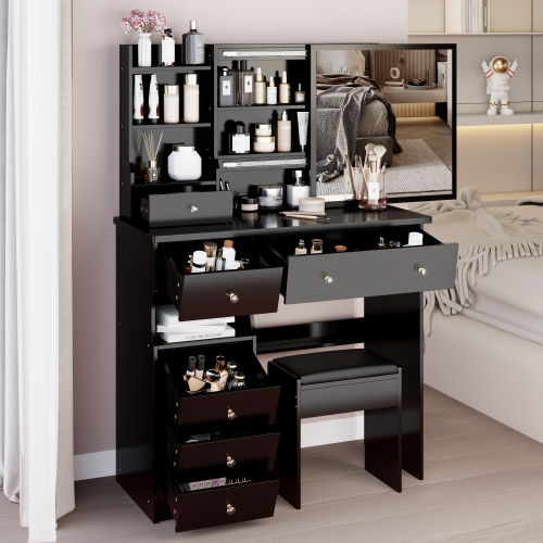 37" Middle Size Left Drawer Desktop Vanity Table + Cushioned Stool, Extra Large Right sliding mirror, Multi Layer High Capacity Storage, Practical Fashionable Dresser, Suitable For Large Space