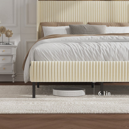Full Size Platform Bed , Metal Bed Frame with Charging Station, No Box Spring Needed, (Beige), Noise Free,Easy Assemble.