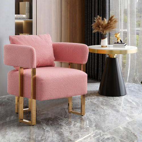 2-PCS Pink Teddy Fleece Accent Side Chair with Polished Gold Metal Square Legs