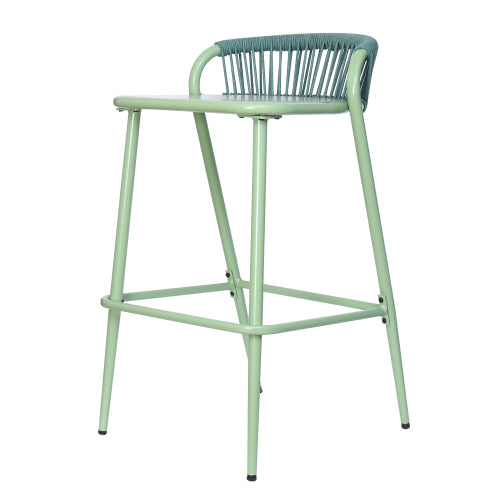 Outdoor 29" Seat Height Aluminum Frame Barstools with Rope-woven Scallop-shaped Backrest, Set of 2, Sage