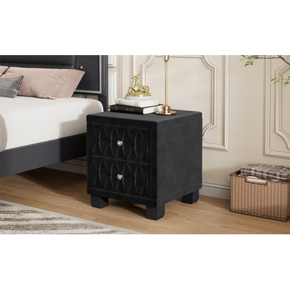 Elegant Velvet Nightstand with 2 Drawers and Crystal Handle, Storage Bedside Table with Button-Tufted, Black