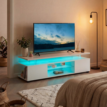 White 60 inch LED TV Stand with Storage Cabinet and Gaming Shelf