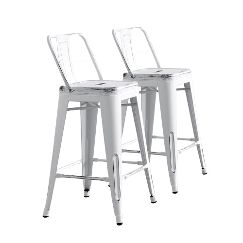 Modern Light Weight Industrial Contemporary Rustic Vintage Costal Metal Barstools with Bucket Back and 4 Leg Design, Seat Bar Stools (Set of 2) (24" Seat, Distressed White)