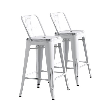 Modern Light Weight Industrial Contemporary Rustic Vintage Costal Metal Barstools with Bucket Back and 4 Leg Design, Seat Bar Stools (Set of 2) (24" Seat, Distressed White)