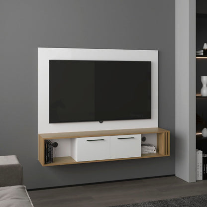 56 Inch Natural Oak White Floating Wall Entertainment Center with Dual Cabinets & 4 Storage Shelves