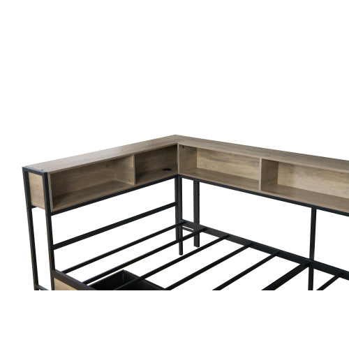 Corner Bed Frame Twin Size with Bookcase and 2 Underbed Storage Drawers, Modern Twin Bed with LED Light and Charging Station, Grey
