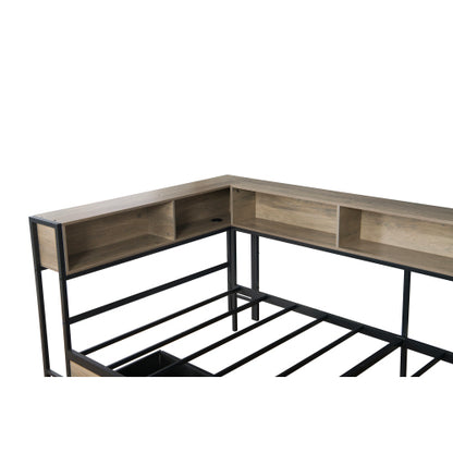 Corner Bed Frame Twin Size with Bookcase and 2 Underbed Storage Drawers, Modern Twin Bed with LED Light and Charging Station, Grey