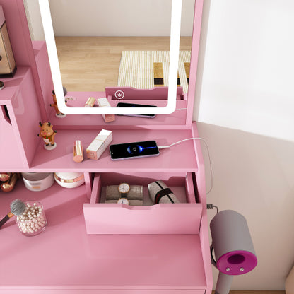 Pink 3-Color LED Vanity Mirror with Stool, 2 Drawers & 5 Storage Cabinets, Charging Station & Hair Dryer Holder