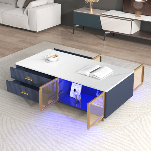 Modern Blue Coffee Table with Glass Doors Drawers LED Lighting Gold Legs
