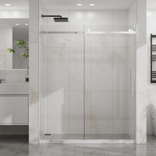 Goodyo Frameless Shower Door, 60" W x 72" H Silent Sleek Sliding Glass Door, 1/4" (6mm) Thick Tempered Clear Glass with Easy-clean Coating, Heavy-Duty 304 Stainless Steel, Chrome