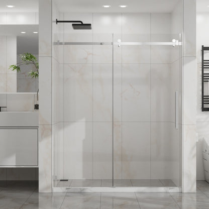 Goodyo Frameless Shower Door, 60" W x 72" H Silent Sleek Sliding Glass Door, 1/4" (6mm) Thick Tempered Clear Glass with Easy-clean Coating, Heavy-Duty 304 Stainless Steel, Chrome