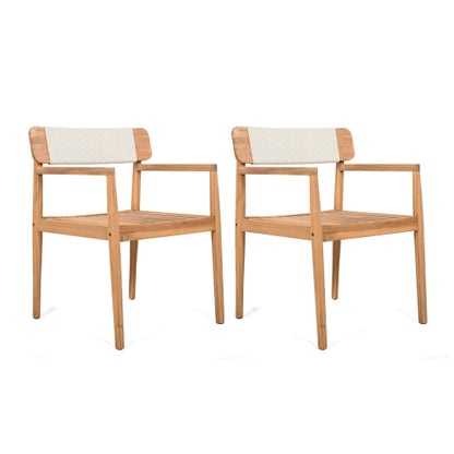 CREATIVE BRAIDED ACACIA WOOD OUTDOOR DINING TABLE AND CHAIRS WITH ARMRESTS, SUITABLE FOR OUTDOOR DINING AND LEISURE PLACES, TEAK LOOK & WHITE ROPE,SET OF 2