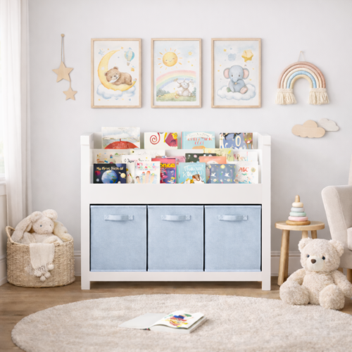 Kids Bookshelf with 3-Tier Front Storage and Fabric Toy Bins